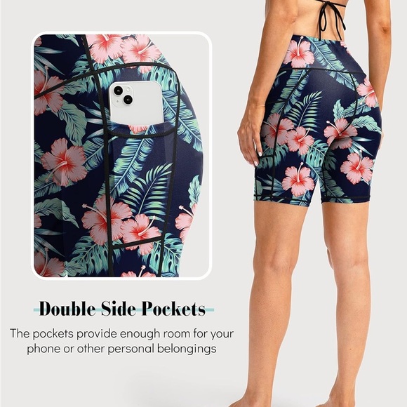 Tropical Floral Biker Swim Shorts with Pockets - Picture 3 of 10